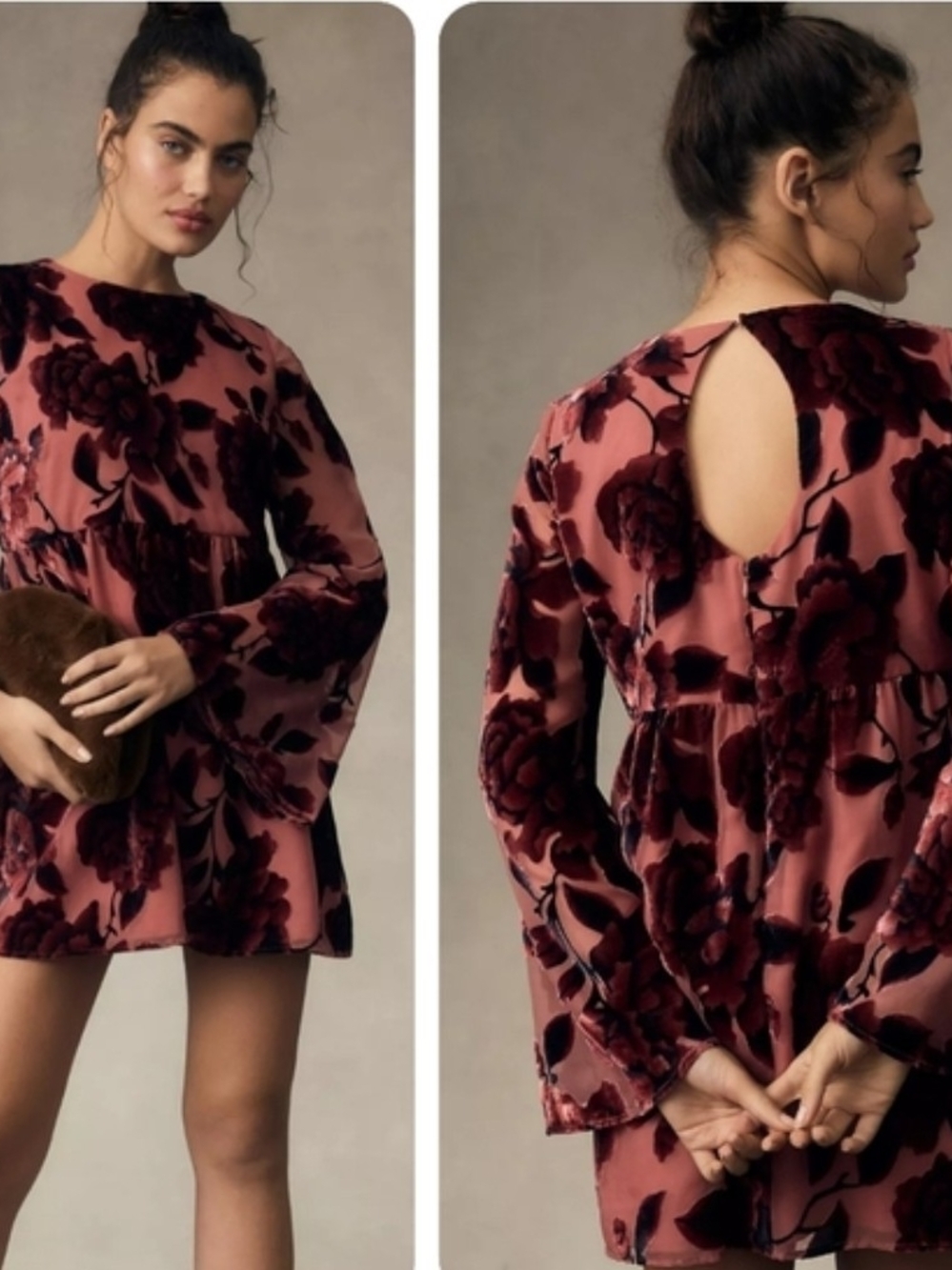 Hutch By Anthropologie Plum Rose Velvet Floral Babydoll Mini Dress